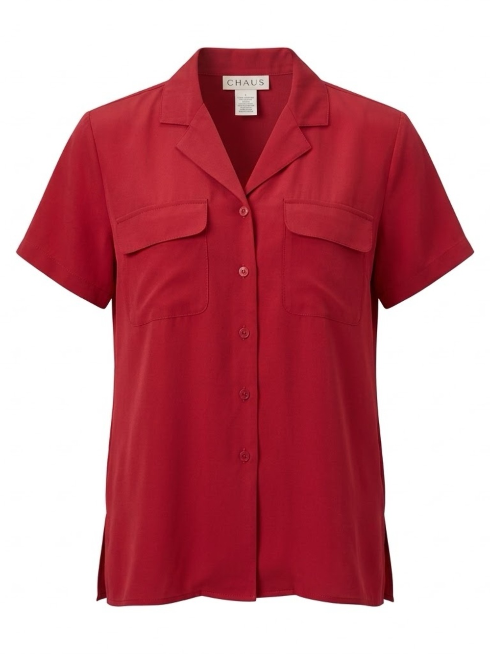 Chaus Silk Short Sleeve Camp Collar Button Down Shirt Red